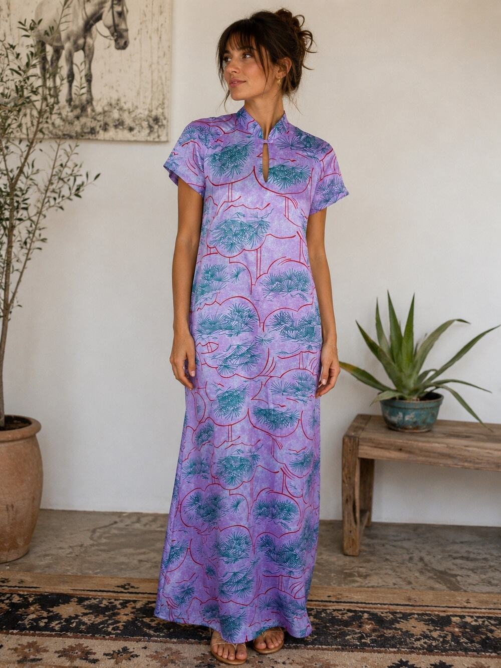 Vintage Rare 70s Pomare Hawaii Maxi Dress Muumuu Purple Tropical Pine Print Sz10